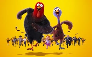 A movie still from the new film 'Free Birds' featuring two animated turkeys running.