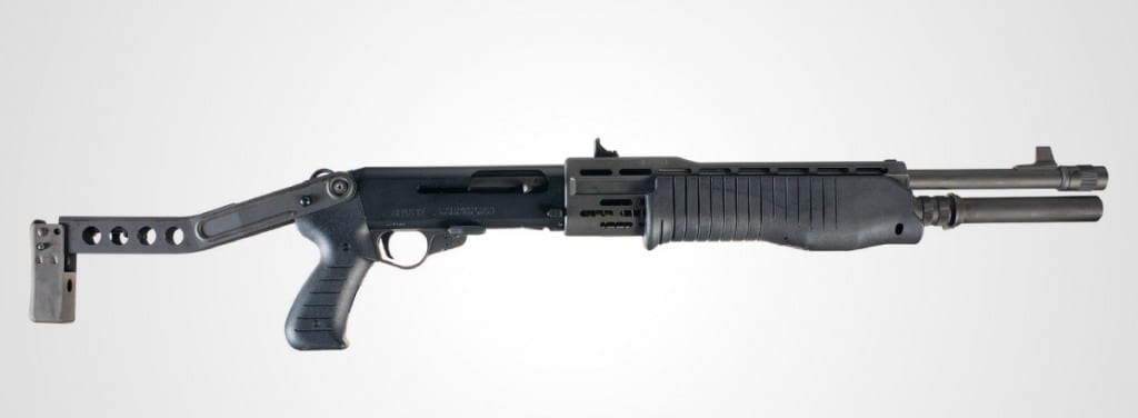 pictured is the Spas-12 12 gauge shotgun, made famous by Robert Muldoon in the film Jurassic Park.