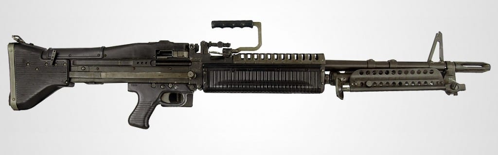 Pictured is an M60 light machine gun, made famous by the Rambo films.