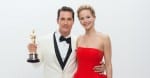 Jennifer Lawrence and Matthew Mcconaughey backstage at the Oscars after Matthew won the Oscar for Best Actor in a leading role.