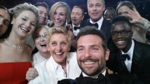 A selfie taken by Bradley Cooper at the Oscars 2014 including, Meryl Streep, Jared Leto, Jennifer Lawrence, Julia Roberts, Ellen Degeneres, Kevin Spacey, Brad Pitt, Angelina Jolie and Lupita Nyong'o.