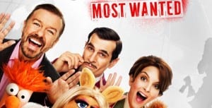 Ricky Gervais, Tina Fey and Ty Burrell in a poster for the muppets