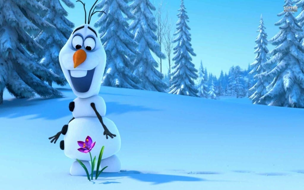Olaf the snowman looking at a flower growing out of the snow