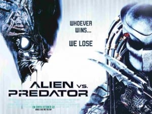 The movie poster for Alien vs Predator featuring two monsters on a white background.