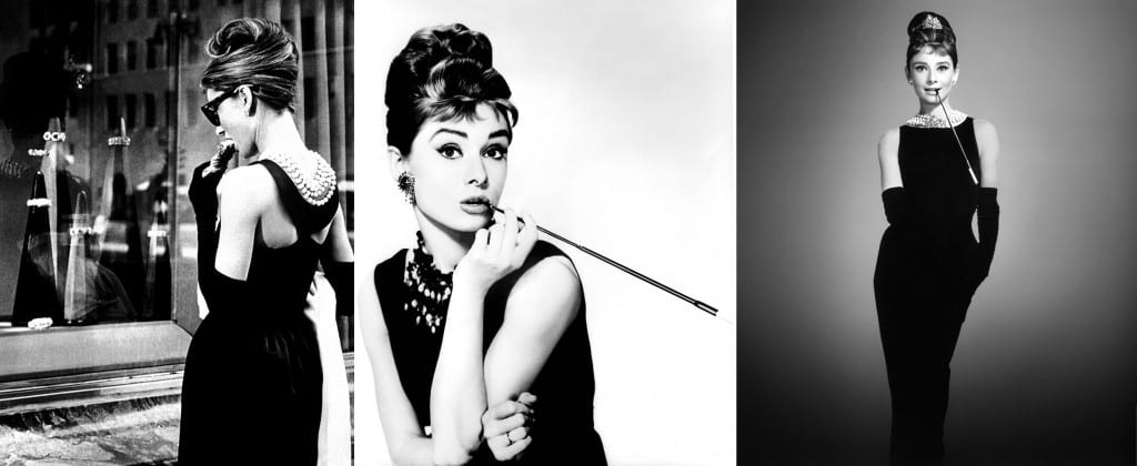 Collage of three photos of Audrey Hepburn wearing her infamous little black dress, one from the side, one portrait and one full length from the front. 