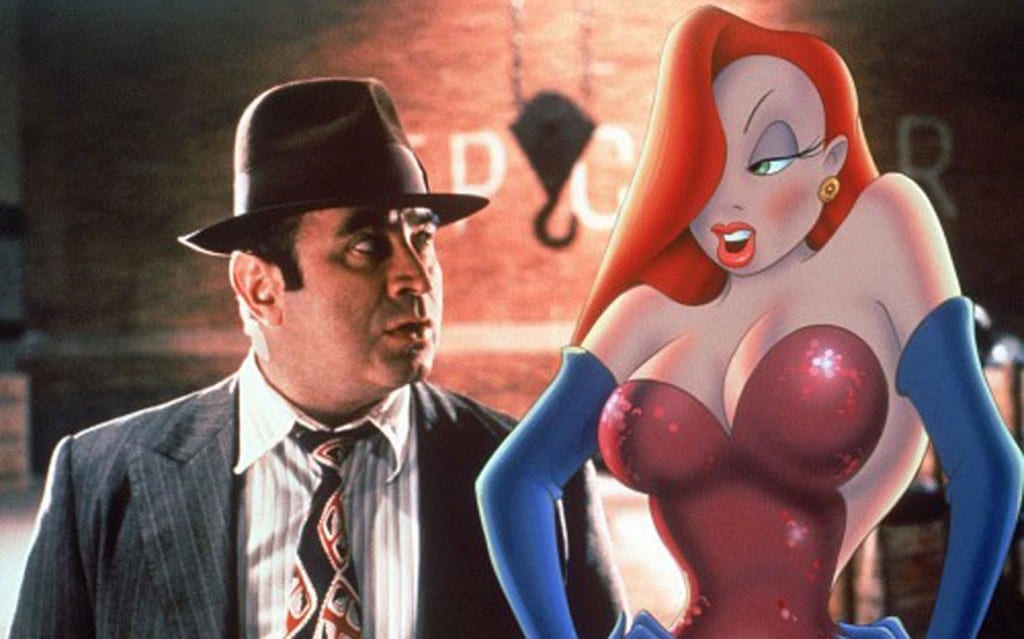 A stunned Bob Hoskins looks at the beautiful 'toon' Jessica Rabbit to his right